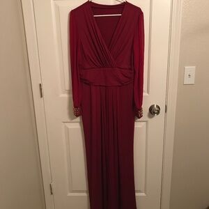 Faux Wrap Jersey Sheer Sleeve Studded Holiday Wine Jumpsuit Size XL